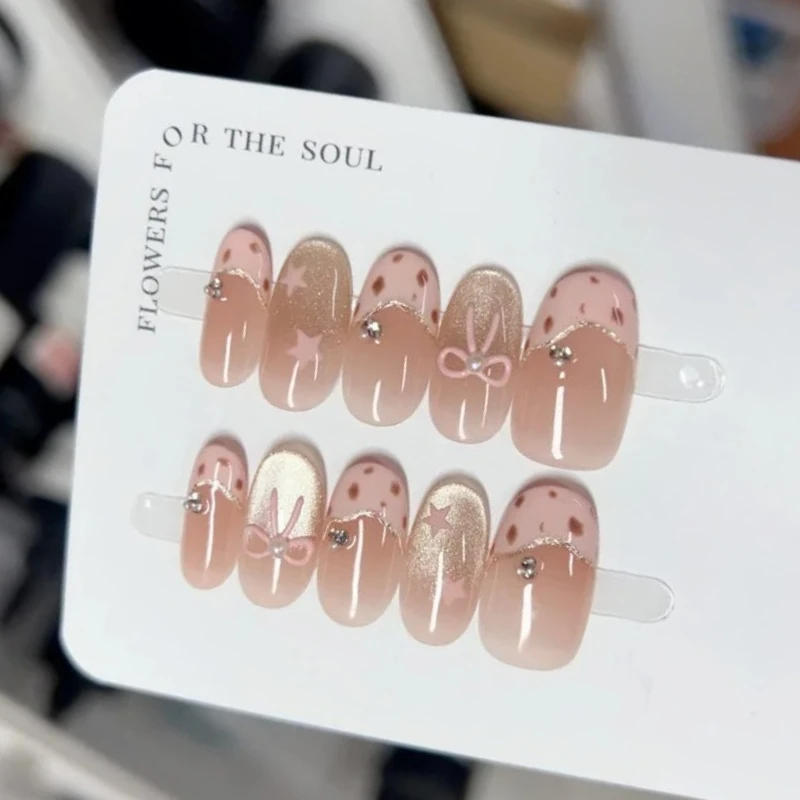 

10PCS Sweet Fairy Press on Nails Gentle Ethereal Style with Rhinestone Bow Cat Eye Glow False Nails Handmade Reusable for Women