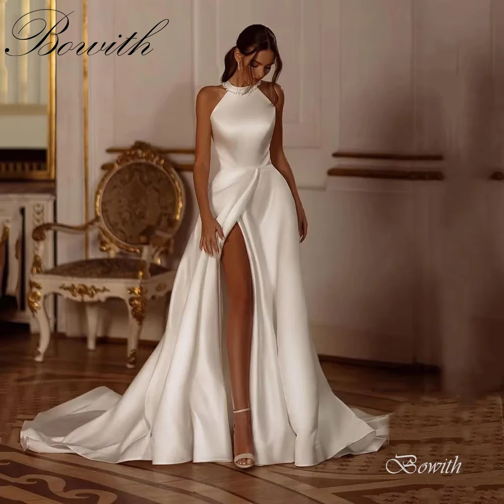 

Bowith Wedding Dresses Halter Beading Bridal Gown Customized Side High Slit Court Train Backless Wedding Dresses for Women