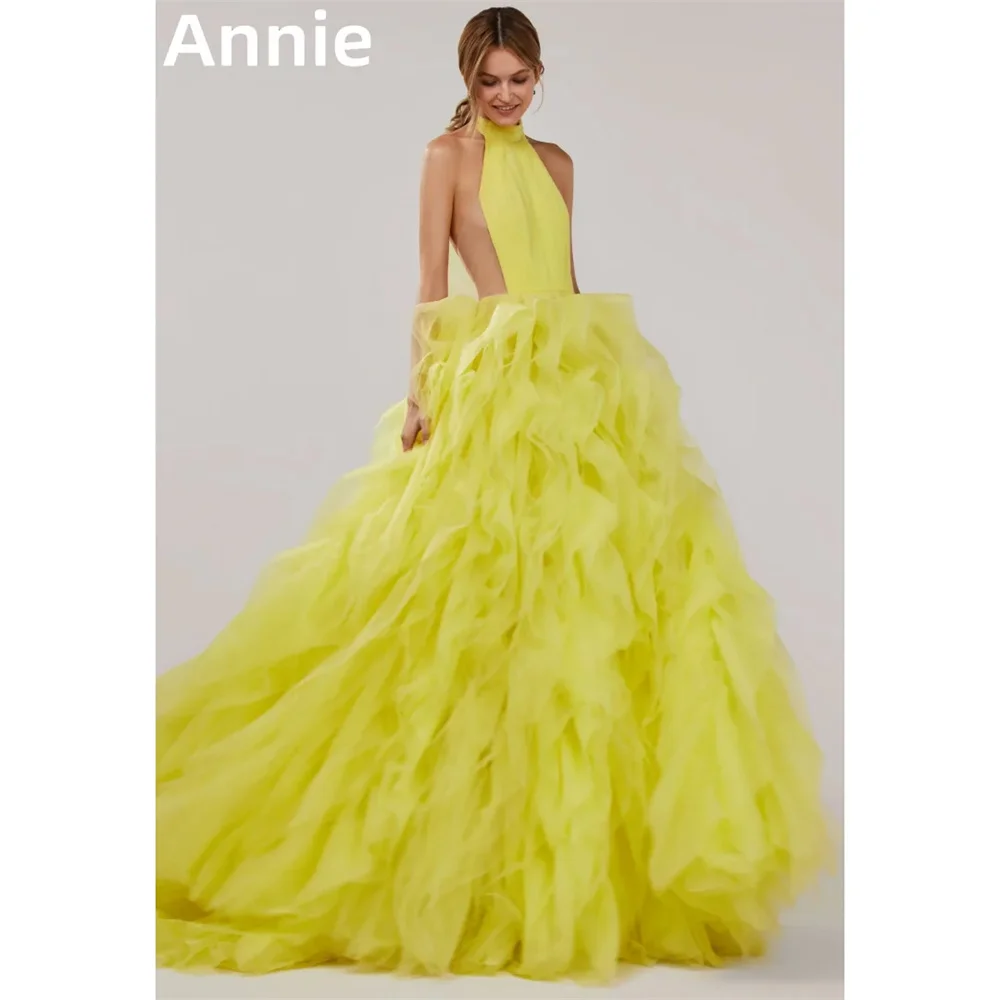 Annie Sweet Lemon Yellow Prom Dresses Handmade Tulle Multi-layer Evening Dress Sexy Backless Corset Formal Occasion Party Dress