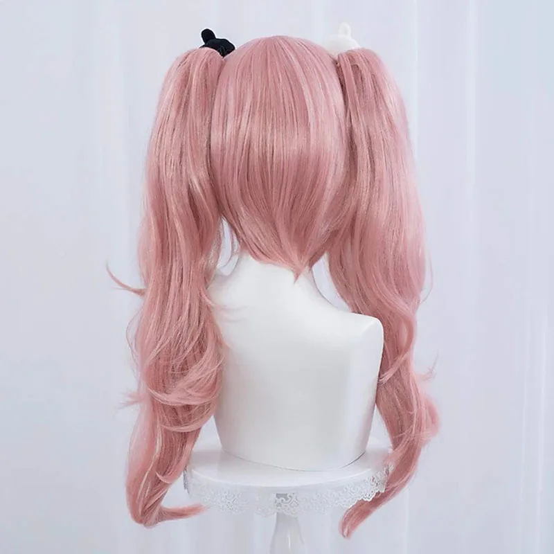 Anime Danganronpa Enoshima Junko Peluca de Cosplay Rosa larga ondulada con Clip de cola de caballo, horquillas de oso blanco y negro, regalo para niñas