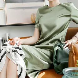 2026 New Elegant Glossy Satin Women Dress Luxury Solid O-Neck Short Sleeve Korean Harajuku Office Lady Maxi Dresses With Pockets