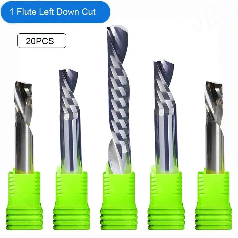 

20 шт. 3,175/4/5/6/8 мм 3A с одной флейтой, левая спираль, концевая фреза с ЧПУ, твердосплавная фреза, деревянная работа