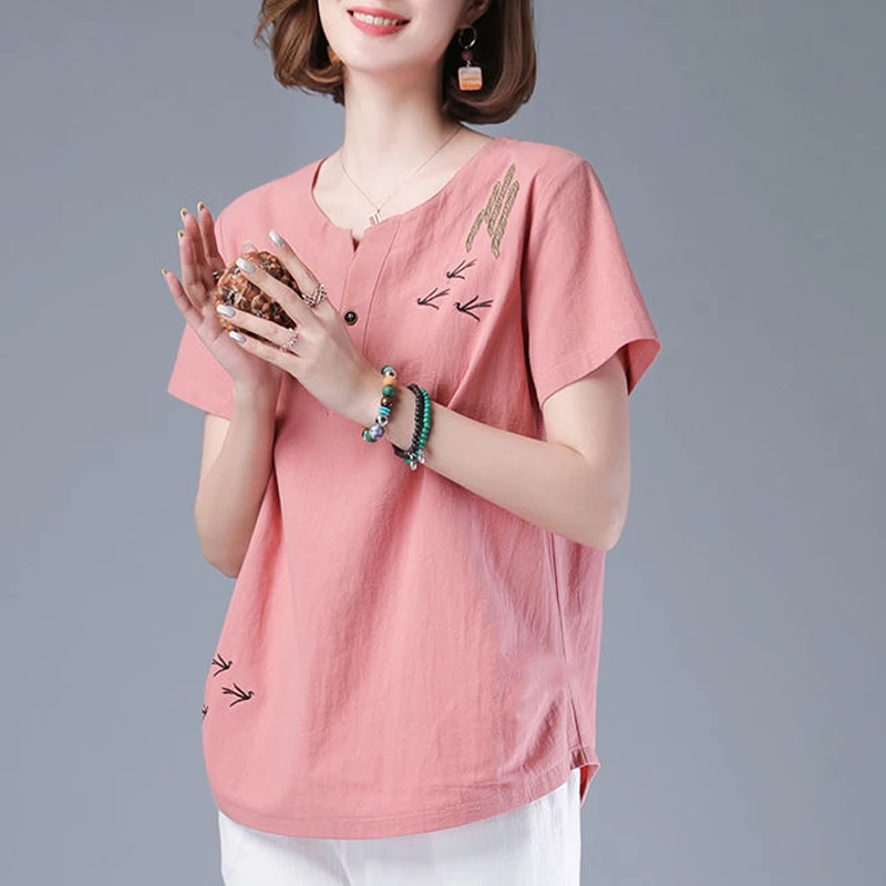 Vintage Ethnic Style Embroidery Round Neck Cotton Linen Shirts Summer Casual Loose Short Sleeve Tops Blouses for Women Clothes