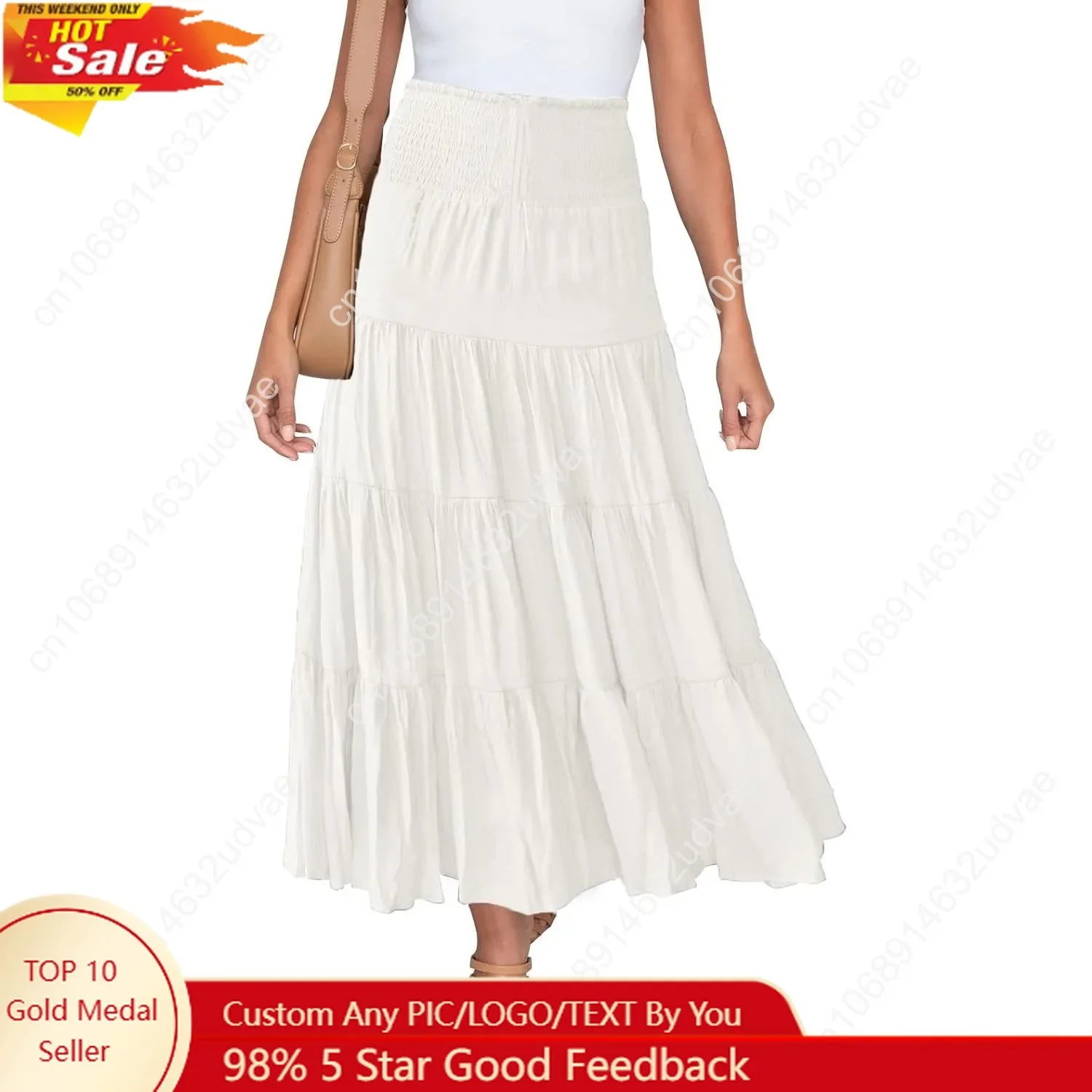 

Women's Summer Flowy Boho Maxi Skirt Trendy Smocked Waist Ruffle Tiered A Line Casual Beach Long Skirts Midi Dress
