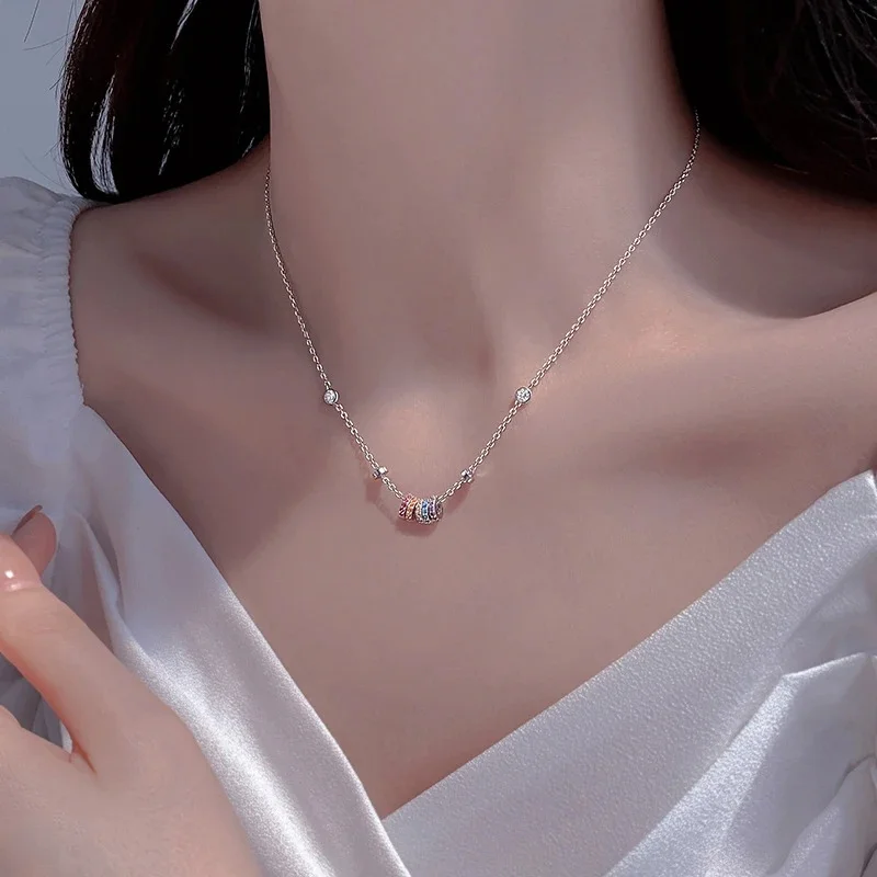 New Slidable Rainbow Baguette CZ Barrel Pendant Necklace Two Side Round Accent Crystal Colorful Minimal Collar Jewelry For Women