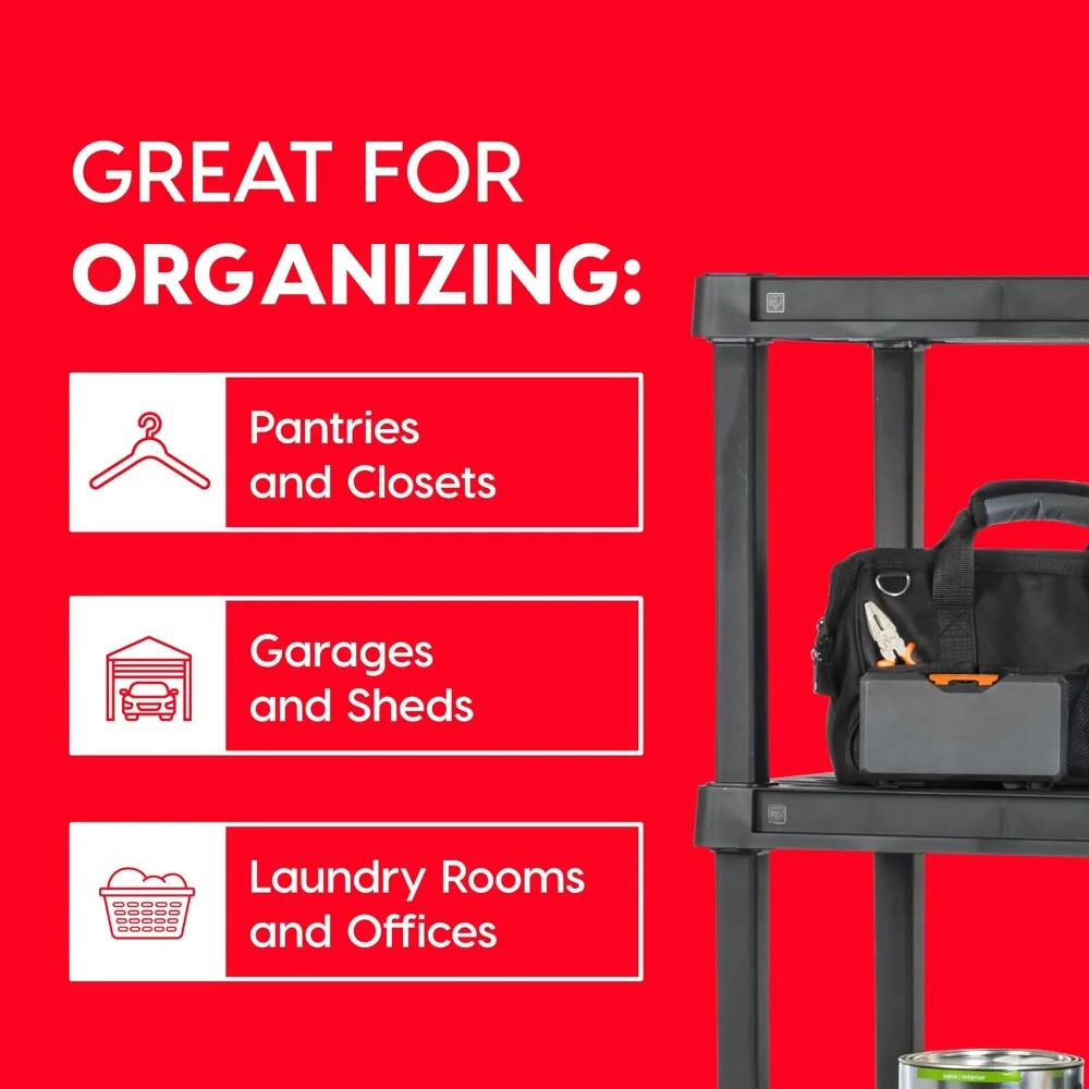 أرفف تخزين بلاستيكية شديدة التحمل مكونة من 5 أرفف، سعة 750 رطل، منظم وحدات لصالة الألعاب الرياضية في المرآب والمستودعات المنزلية - أسود