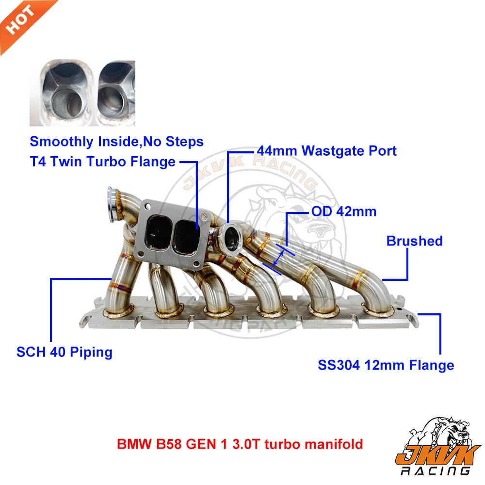 

Комплекты турбоколлекторов JKVK RACING SS304 с паровыми трубами 3 мм и фланцем T4 12 мм (внешний диаметр 42 мм) для BMW B58 GEN1 3.0T