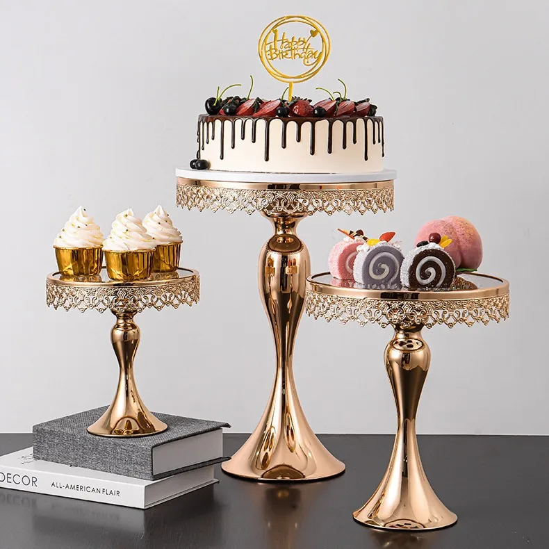 

Wedding Mirror Cake Plate Wrought Iron European-style Crystal Cake Rack Home High Foot Cake Decoration Fruit Plate Party Supplie