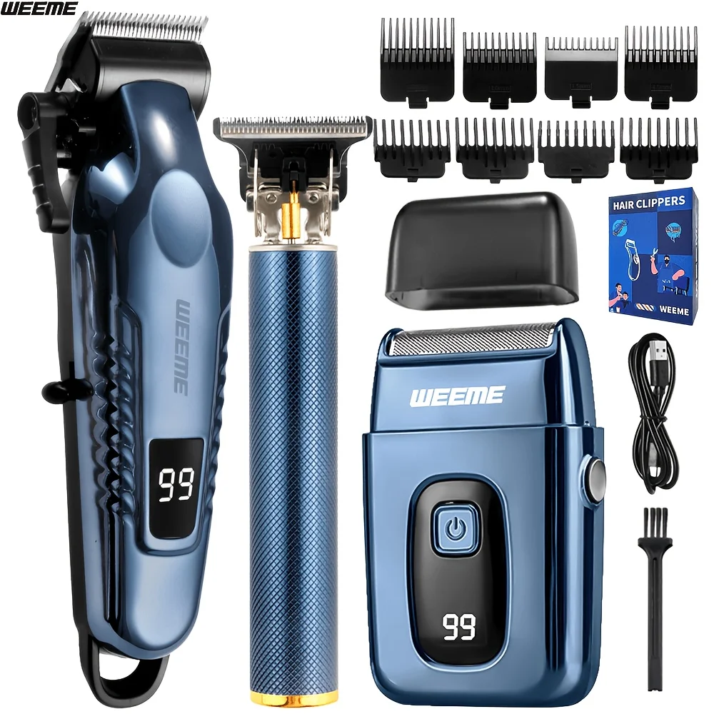 Men's Grooming Kit USB Fast Charging Hair Clipper, T-Style Trimmer, Razor, Nose Hair Trimmer, Home & Travel 3-Piece Set