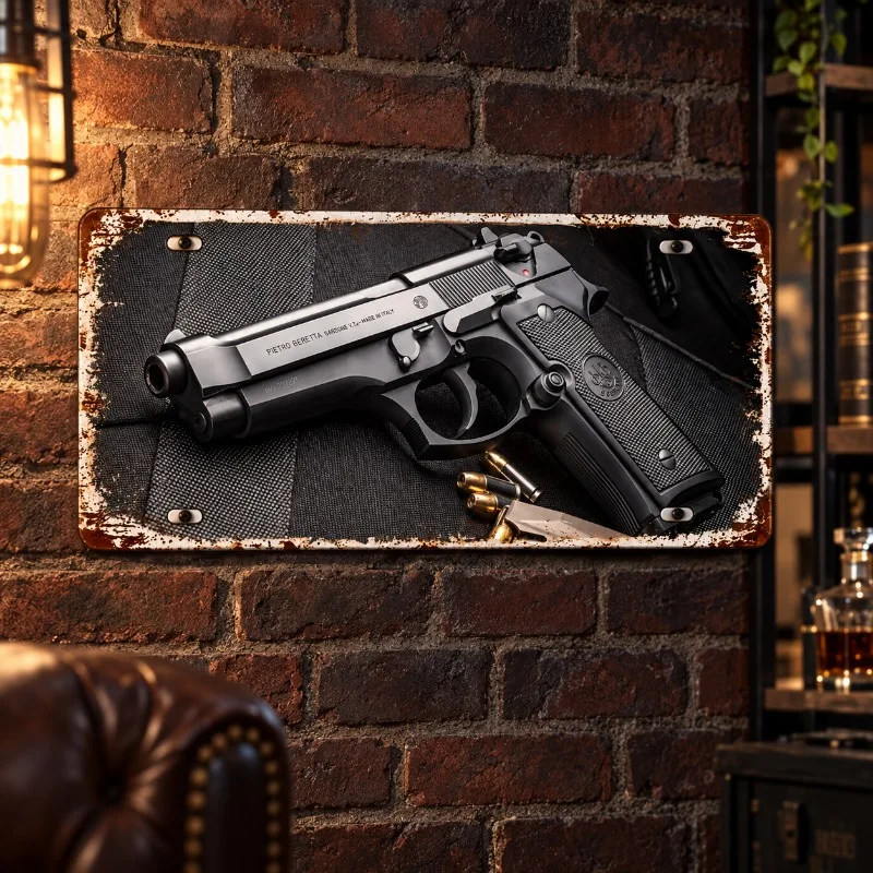 15x30cm 1pc 2D Flat Metal Pistol – Vintage Style Wall Decor for Man Cave, Bar, Cafe and Home
