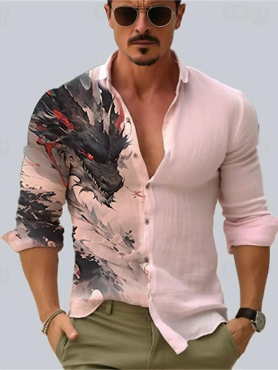 

New men's printed pattern men's lapels long-sleeved shirt, a new trend of fashionable outdoor breathable men's shirt top
