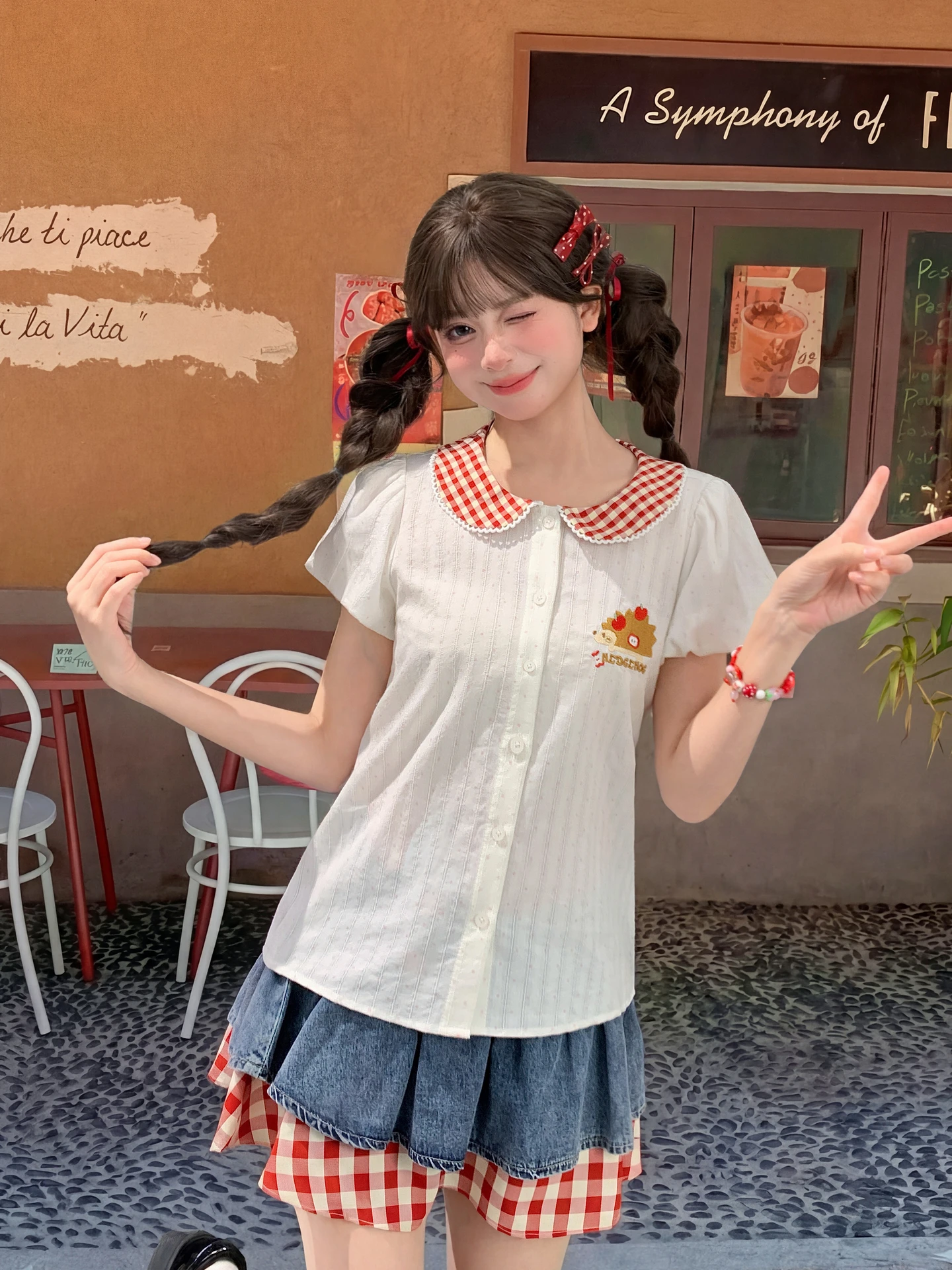 

Sweet Style Embroidered Contrast Color Doll Collar Shirt Women's Loose Summer Top Breathable Short Sleeve Casual Fashion