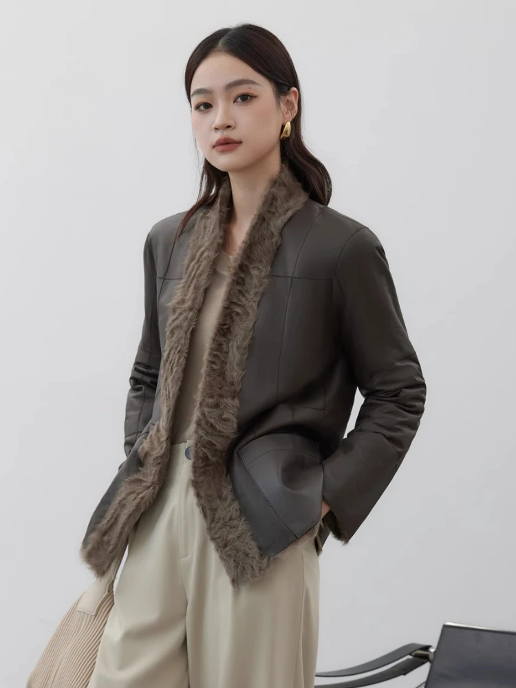 Vestes de luxe en cuir d'agneau véritable pour femmes, haut de gamme, Simple, Double face, Design, col en v, manteau d'hiver en vraie fourrure avec ceinture