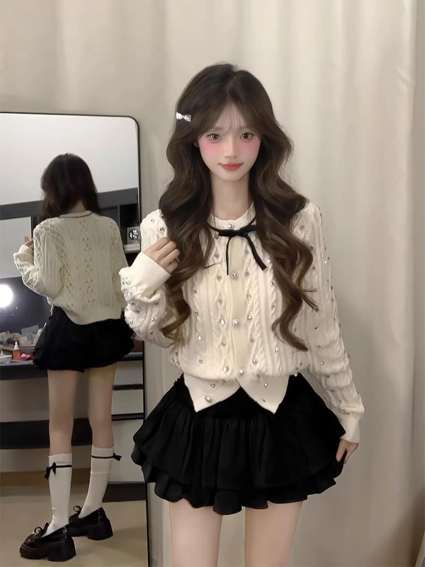 Princess Style Short Knitted Cardigan Women's Long Sleeve Diamond Stitched Slim Fit Sweater Coat Autumn Fashion plus Size
