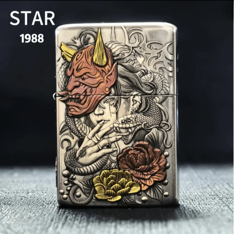 STAR 905 White Bronze Armor Inlaid Fuel Lighter, Hand Carved Lighter, Smoking Accessories, Men's Gift