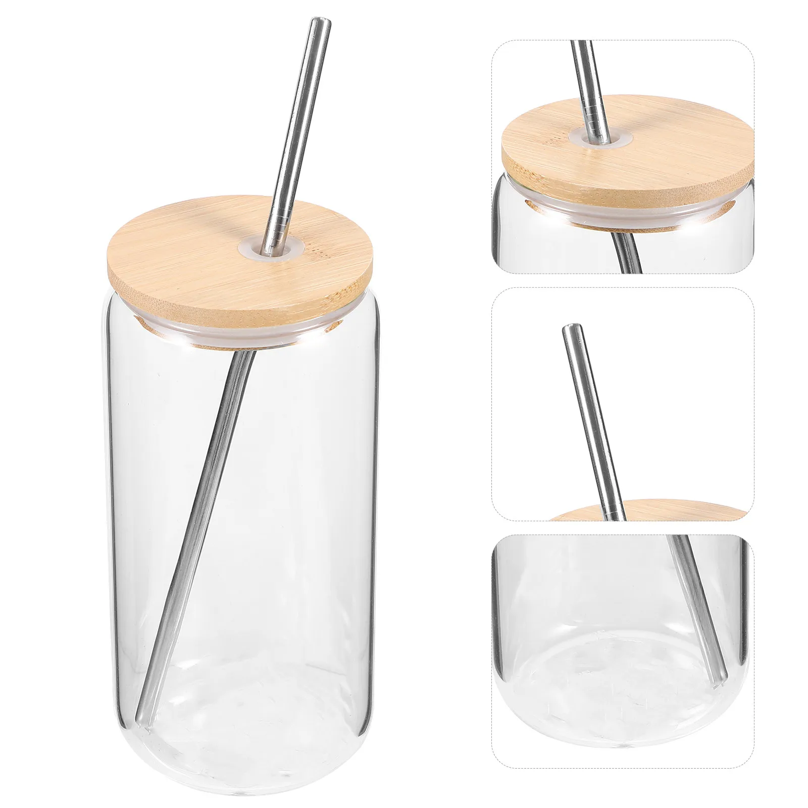 

1Set Glass Cup Bamboo Lid Stainless Steel Straw Clear Design Juice Milk Coffee Bottle for Kitchen Cafes Bars Glass Cup