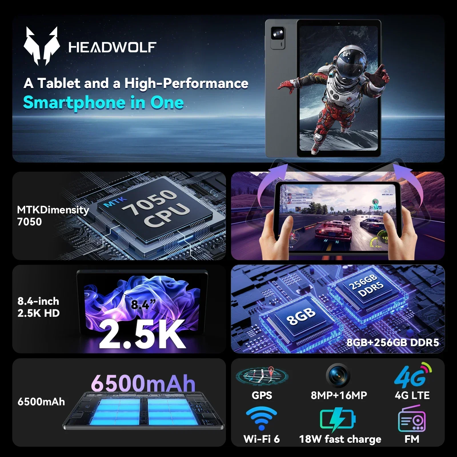 Headwolf FPad7 8 inch Android 15 Tablet 2560x1600, 16GB LPDDR5+256GB UFS 3.1, 6500mAh PD18W, 8MP/16MP Camera, SIM 4G LTE WiFi 6
