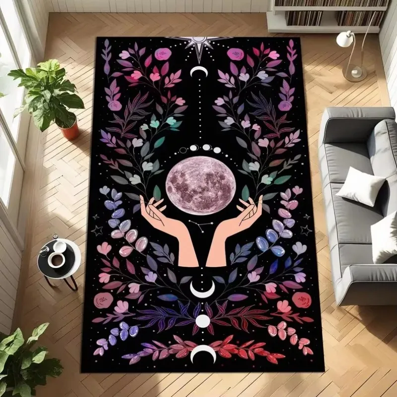 Mystic Tarot Rug Flannel Carpet Vintage Style Celestial Moon Star Witch Print Home Decor Mat for Living Room Bedroom Decoration