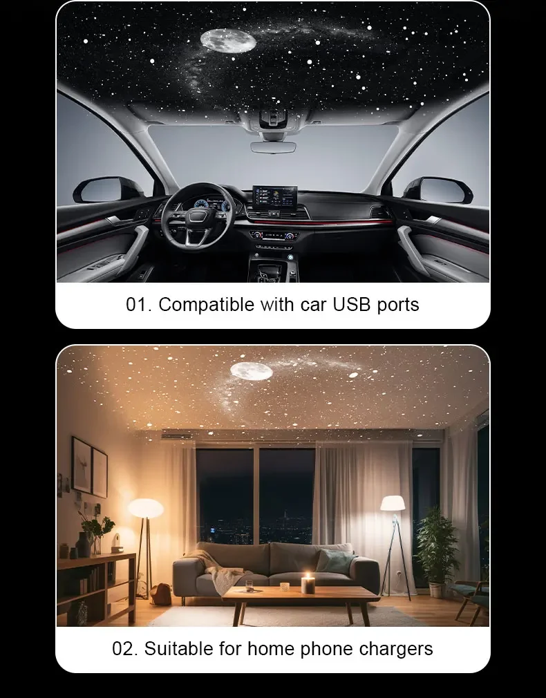 Explosives USB-Sternenhimmel-Projektionslicht für Autoinnenraum, Zuhause, Schlafzimmer, Nachtlicht, Romantisches Galaxie-Atmosphärenlicht – Detail 12