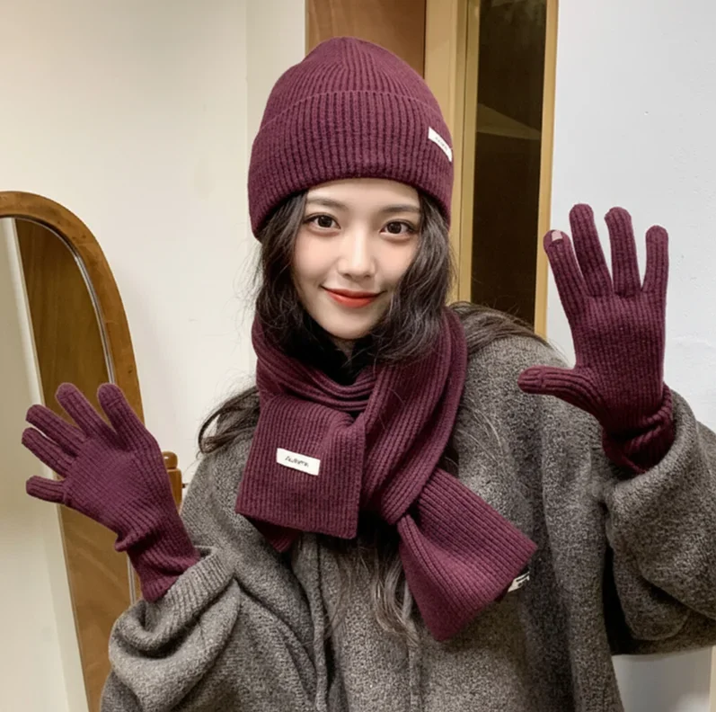 Coreano conjunto de três peças cachecóis luvas feminino outono inverno quente chapéu de malha luvas de tela de toque cor sólida conjuntos de luvas femininas