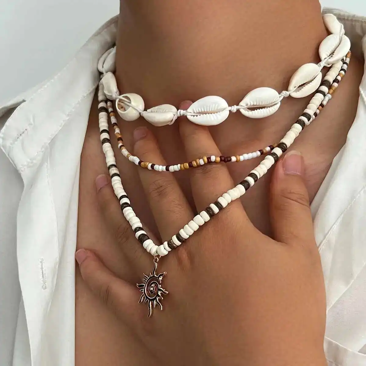 Ingemark, 4 estilos, collar con colgante de sol único y caprichoso para hombres, gargantillas creativas de cáscara de coco y cuentas de arroz, collar, regalos de joyería