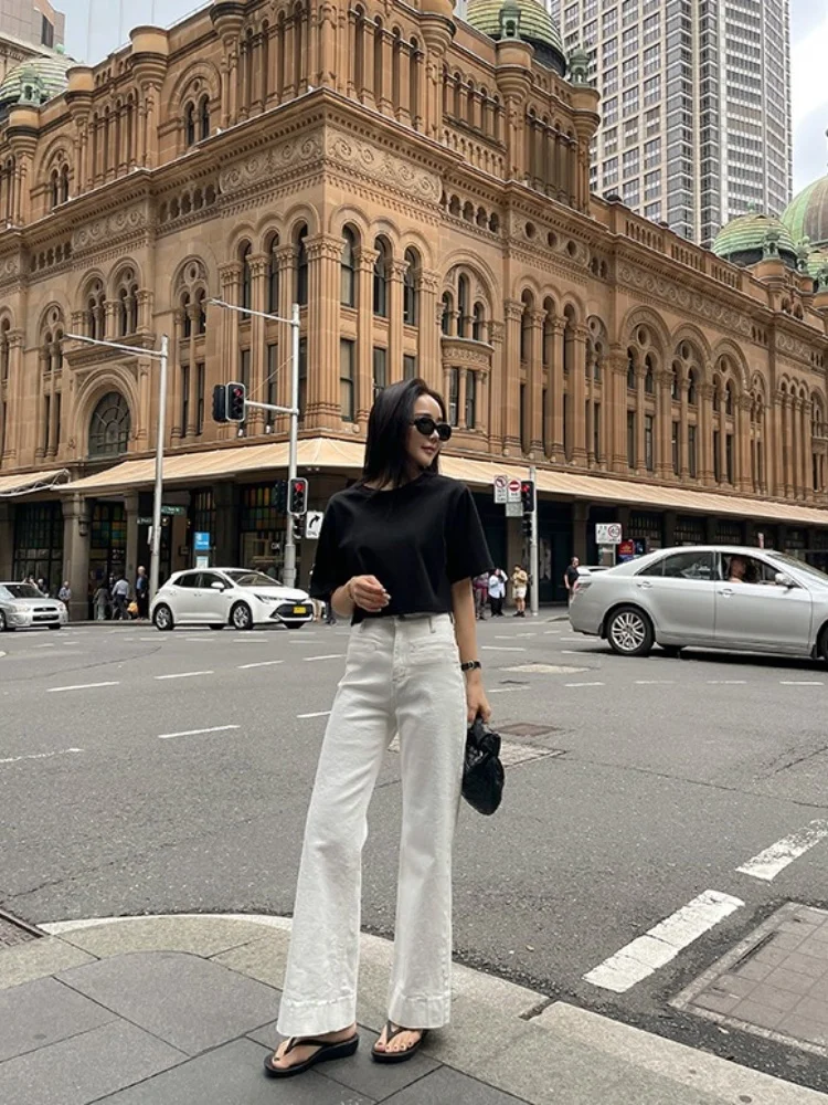 

High Waist Wide Leg Straight Cut Jeans Women's White Slimming Drapey Floor Length Trousers Casual Commute Sle Comfortable