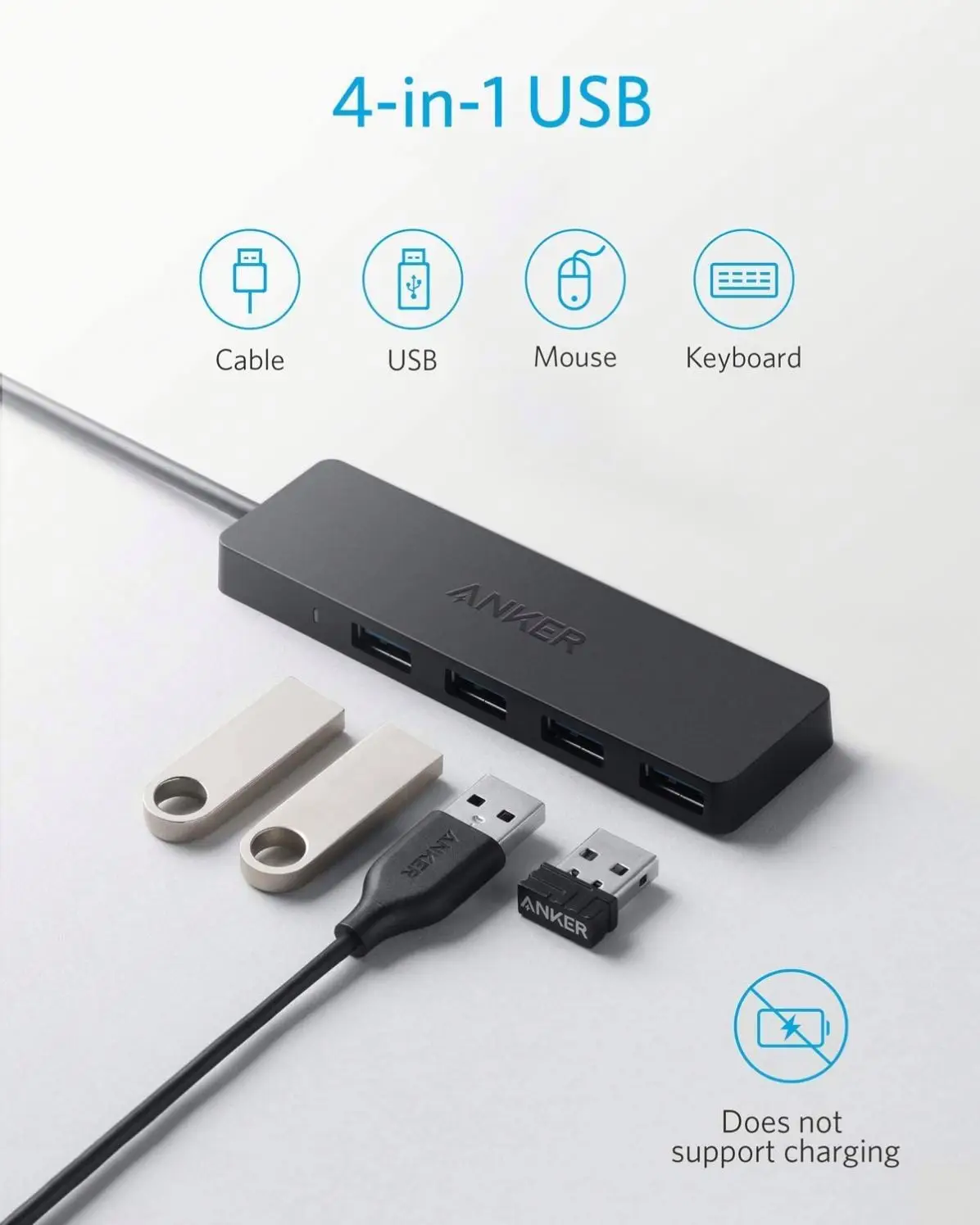 Anker 4-Port USB 3.0 Hub Ultra-Slim Data USB Hub with 2 ft Extended Cable SuperSpeed Data