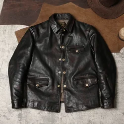 YR!Free shipping.Men Deep brown vintage tea core horsehide jacket.Thick genuine leather coat.casual brakeman leather Heavy