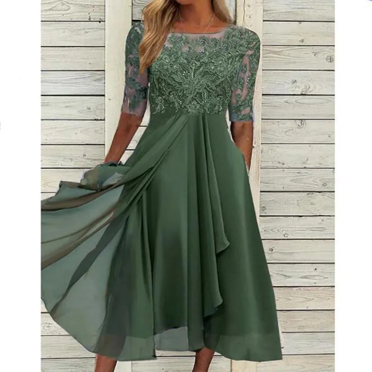 Women Elegant Asymmetrical Midi Dress Round Neck Short Sleeve Color Block Chiffon for Wedding Guest Party Wedding Party For