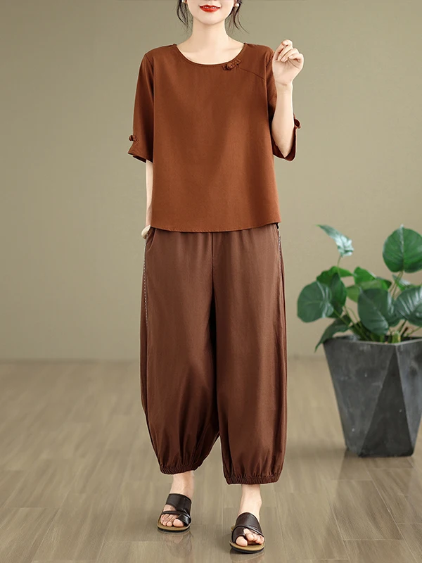 レトロなコットンリネンファションセット、ボタンデザイン、またはSve T-irt、伸縮性ウエスト、九分丈ハーランパンツ、カジュアルツーピースセット