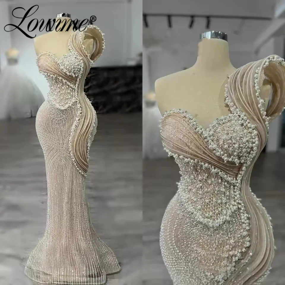 

Champagne Prom Dress Arabic Formal Evening Gowns Full Pearls Beaded Mermaid Party Dresses Customized One Shoulder Cocktail Dress