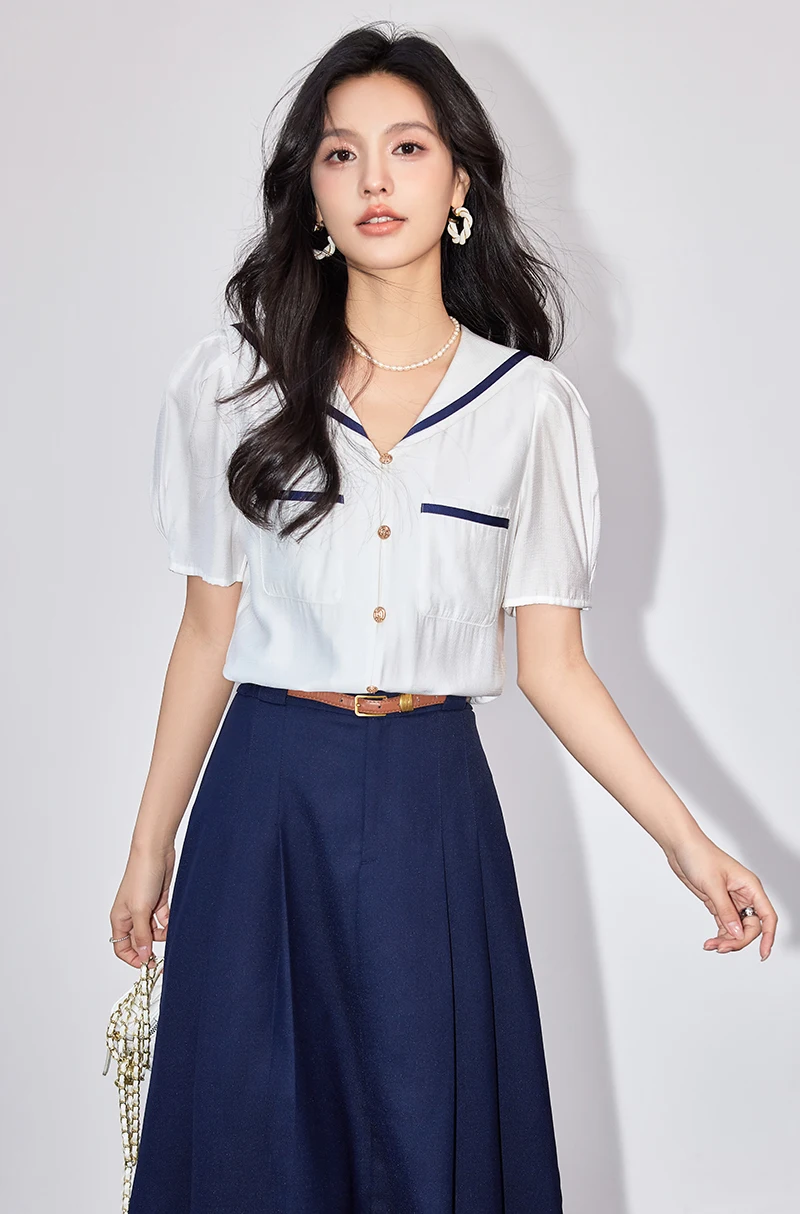 French Sailor Collar Chiffon Shirt for Women 2024 Summer New Korean Fashion White Short Sleeve Blouse Tops Mujer Camisa Feminina