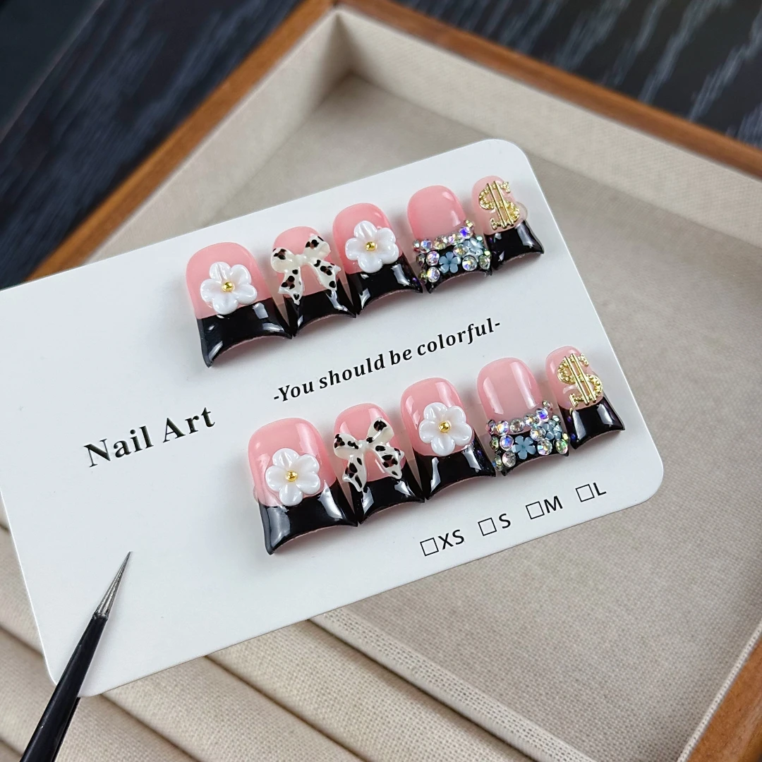 10pcs High-end Sweet and cool style, hand-painted three-dimensional flower, bow, dazzling cluster of diamonds handmade fake nail