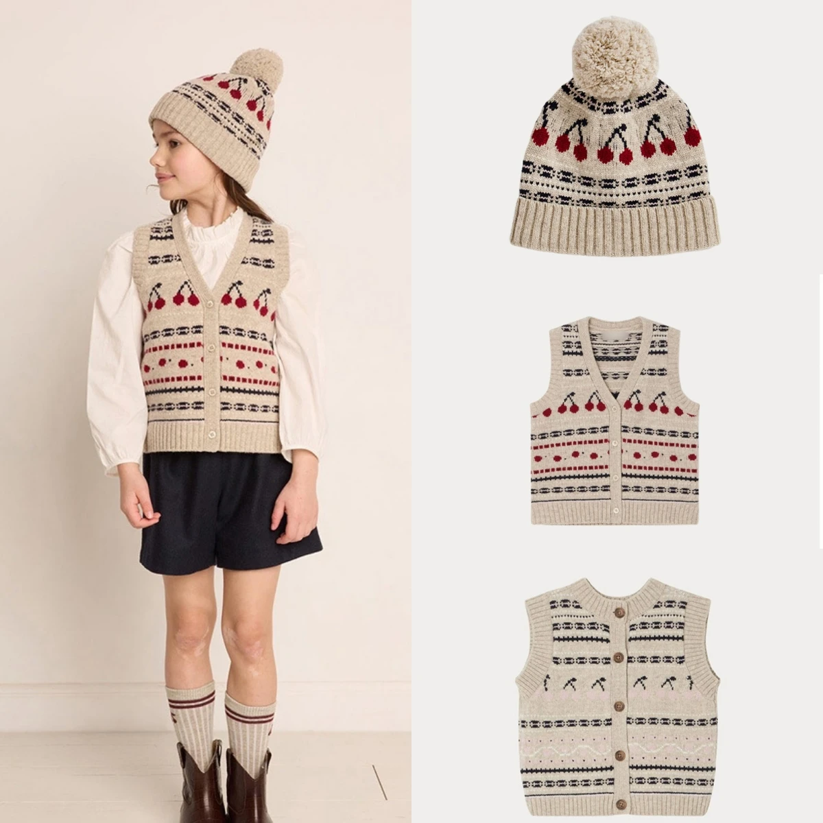 

Children's Knitted Vest Winter Autumn Girls Boys Cherry Woolen Knitwear Hat 100% Wool Vest Sleeveless Sweater Coat Tops Kids Clo