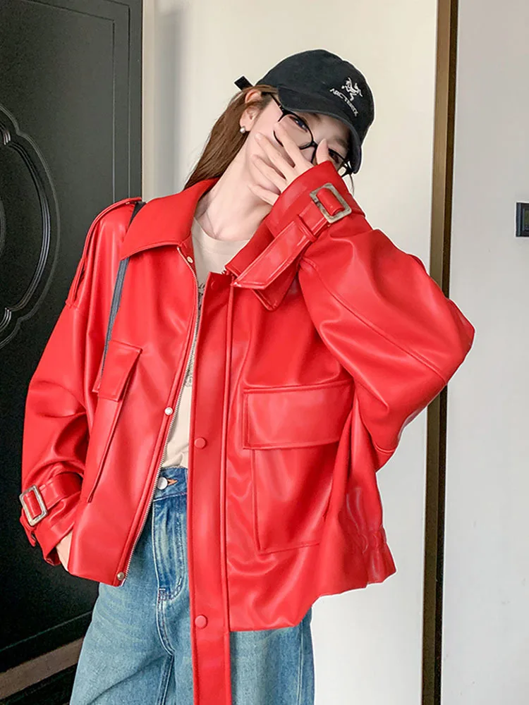 Women\'s Leather Jacket Autumn Wine Red Vintage Bomber Jackets Female Demi-Season Long Sleeve Outerwear Spring Loose Coats