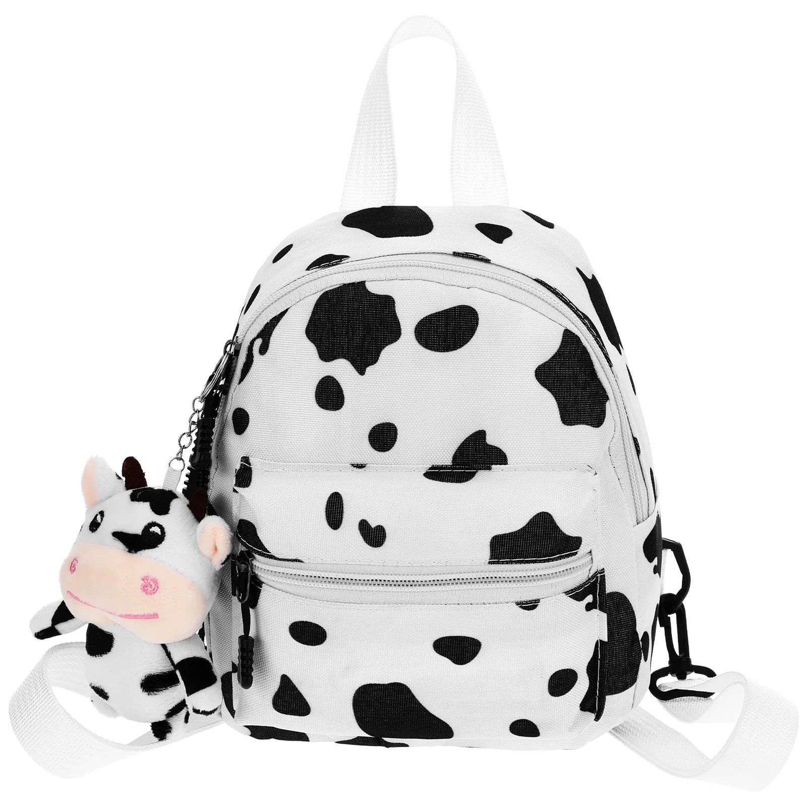 Cow Print Canvas Backpack White Mini Shoulder Bag Kids Rucksack Plush Cow Pendant Fashion Daypack Cute Preschool Bookbag