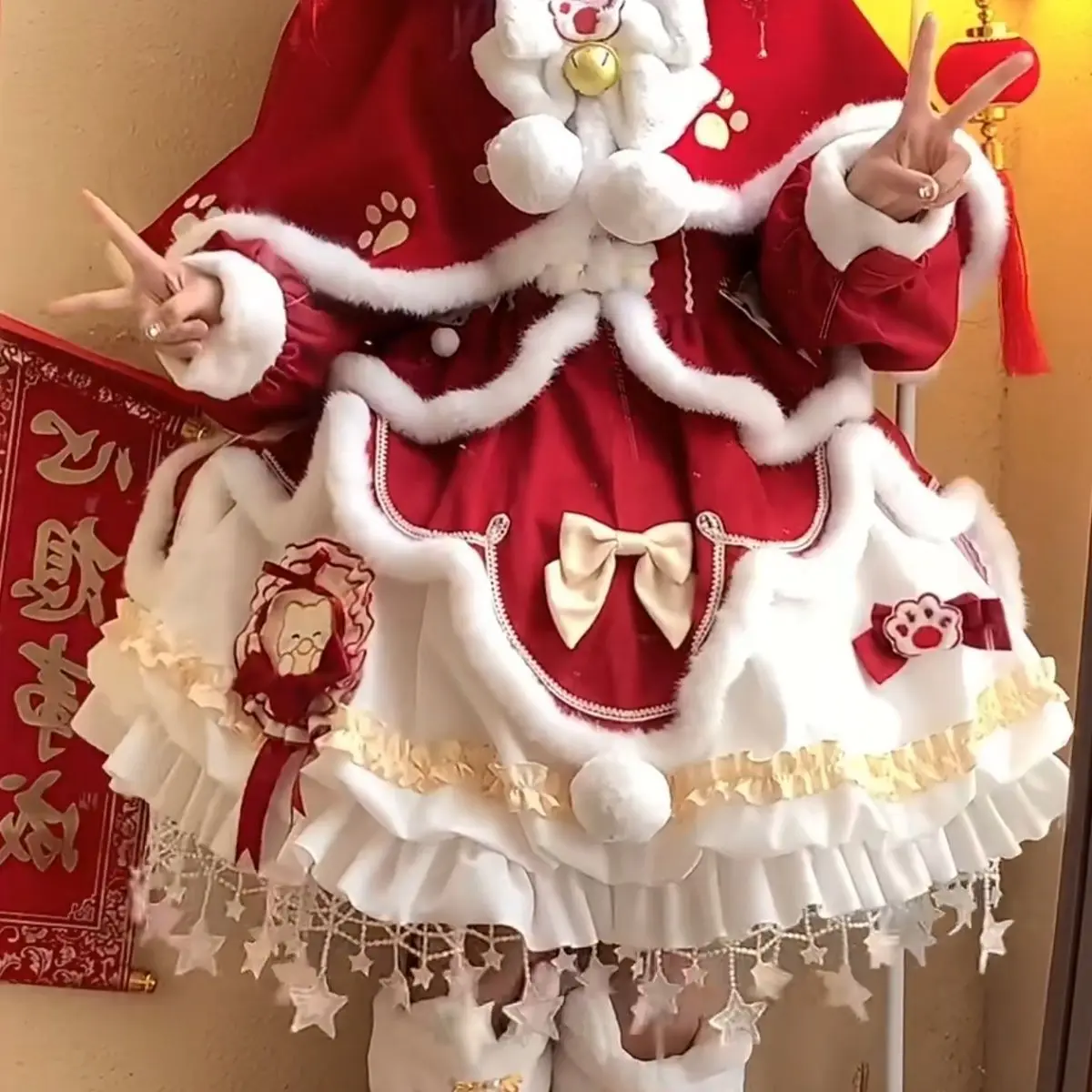 

Red Fce-Lined Cisas New Year's Cute Lolita Dr Traditional Chinese New Year's Outfit Lovely Student orm Sle