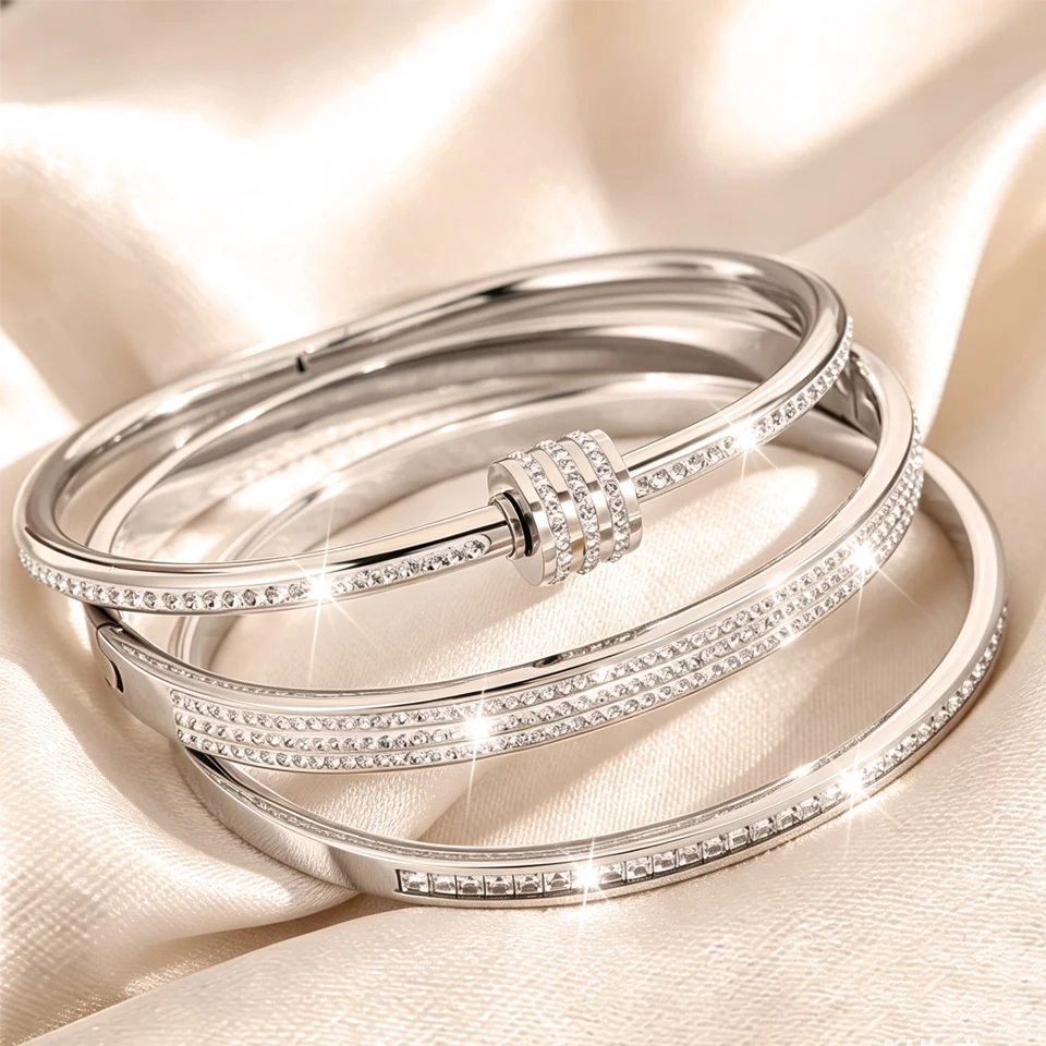 Yupsk 3pcs/set Classic Zircon Inlaid Stainless Steel Bracelet Set for Women Sparkling Crystal Stackable Bangles Jewelry view 2