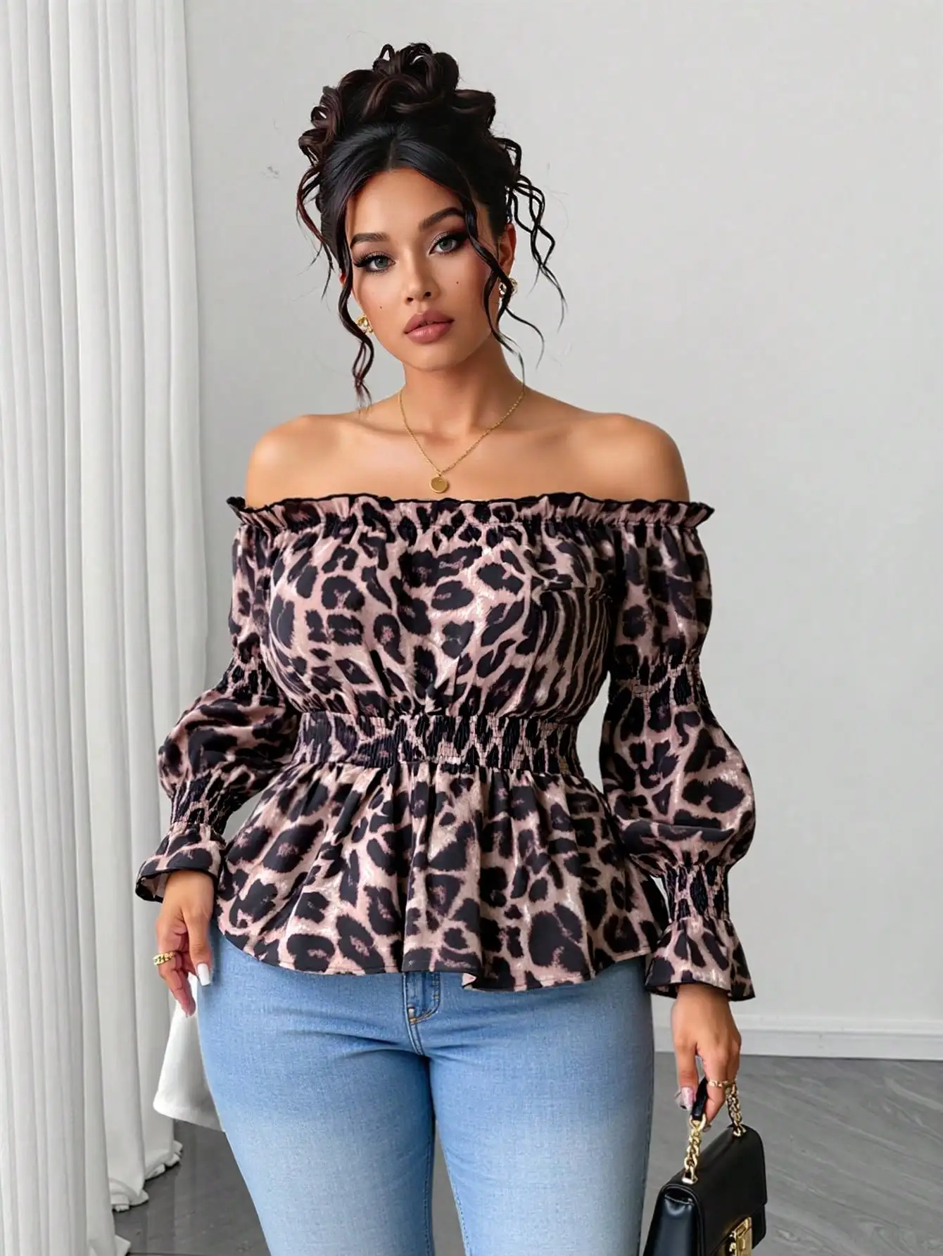 Plus Size Women Leopard Print Ruffled Off-Shoulder Long Sleeve Fashionable Blouse, Spring & Summer Peplum Top - view 4
