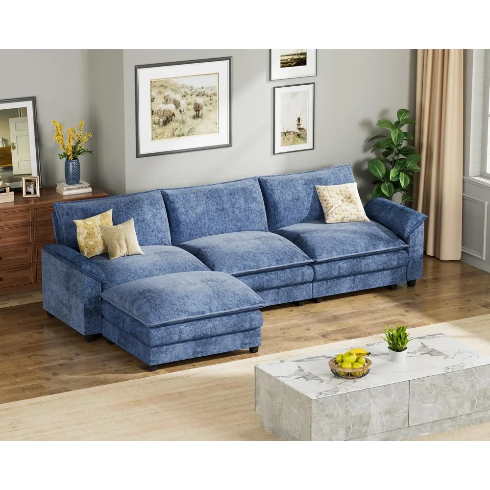 119 Inch Modular L-Shaped Sectional Sofa with Reversible Ottoman, DIY Assemble Chenille 3-Seat Deep Cloud Couch