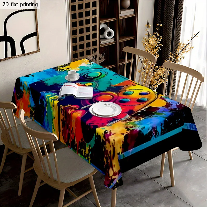1pc Colorful Game Controller Pattern Tablecloth | Polyester, Machine Made, Easy to Clean, Suitable for Dining, Coffee, and Outdo