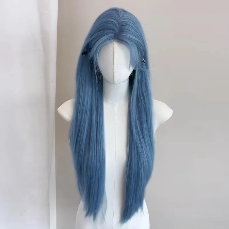 

Fog Blue Medium Long Straight Hair Chemical Fiber Synthetic Wig | Refreshing Fluffy Long Hair high quality Breathable Headgear