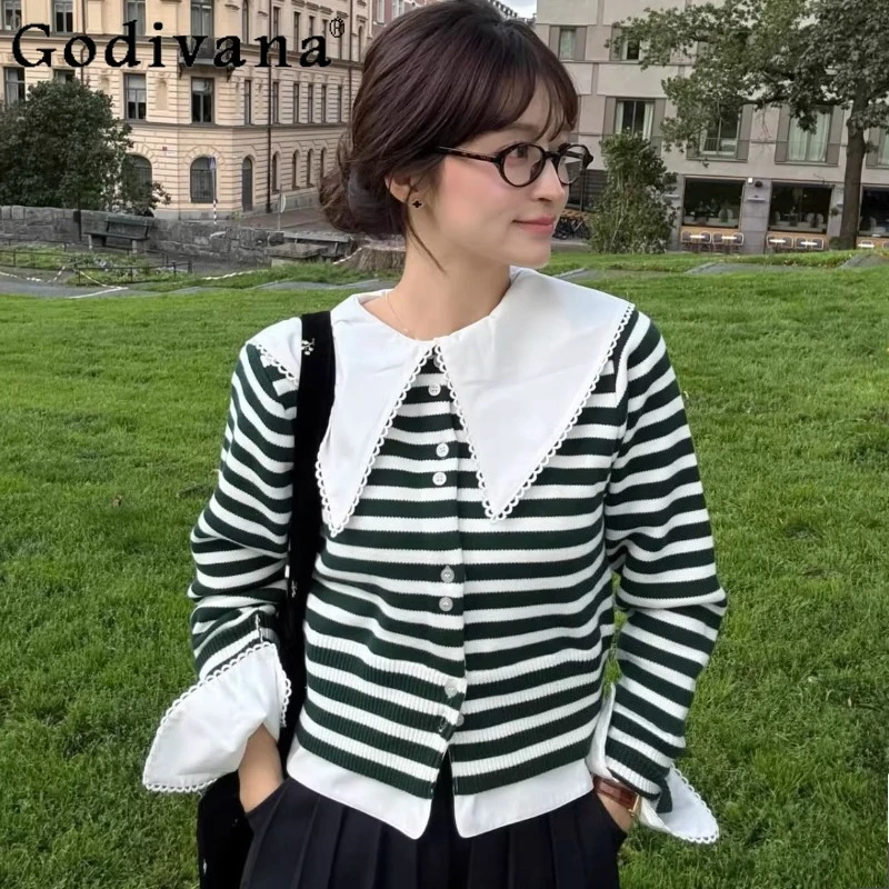

2025 Japanese Style Fashion Sweet Striped Knit Cardigan Women's Slim Fit Turn-Down Collar Knitted Jacket Sweater Spring Autumn