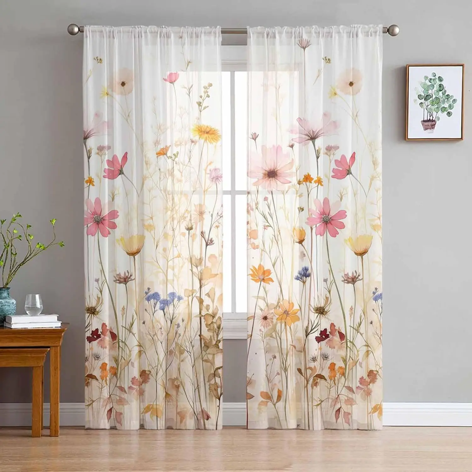 

Watercolor Wildflower Sheer Curtains Pastel Floral Print Voile Window Drapes for Living Room Bedroom Soft Light