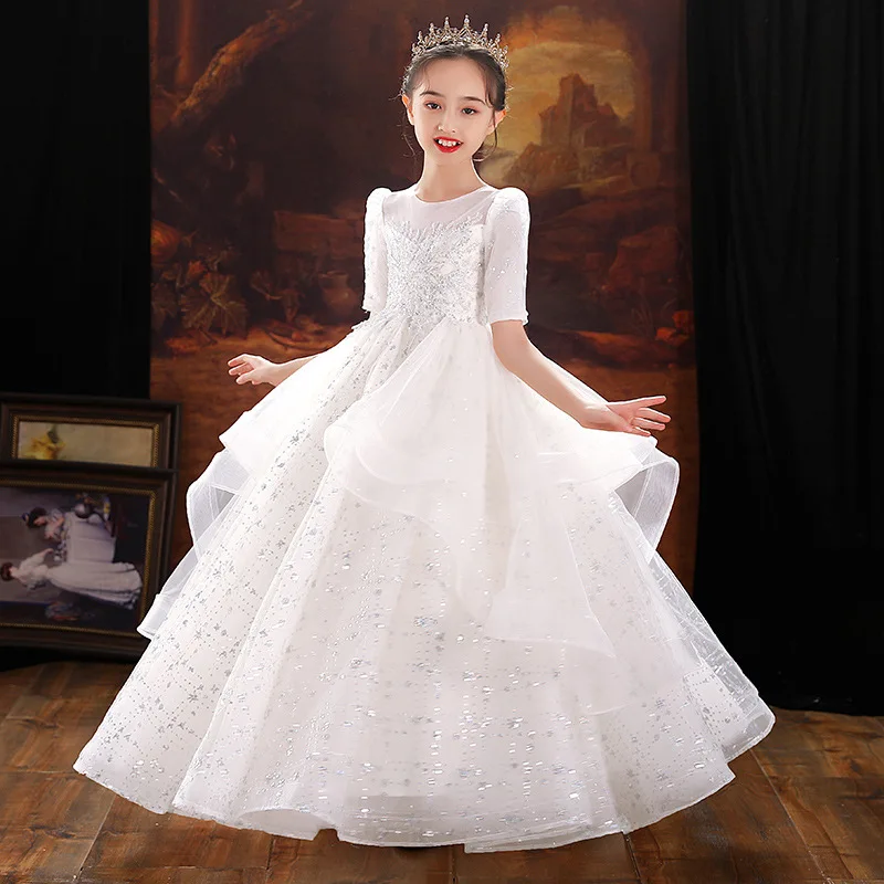 

Lace Sequins Children Pageant ball gown High-end Acetate fibre Girls Dress Baby Princess dress Flower girl wedding Party dress