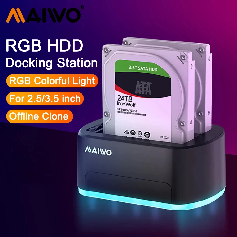 

MAIWO RGB Dual Bay HDD Docking Station with Offline Clone SATA To USB 3.0 HDD Clone Docking Station for 2.5/3.5'' SSD HDD Case