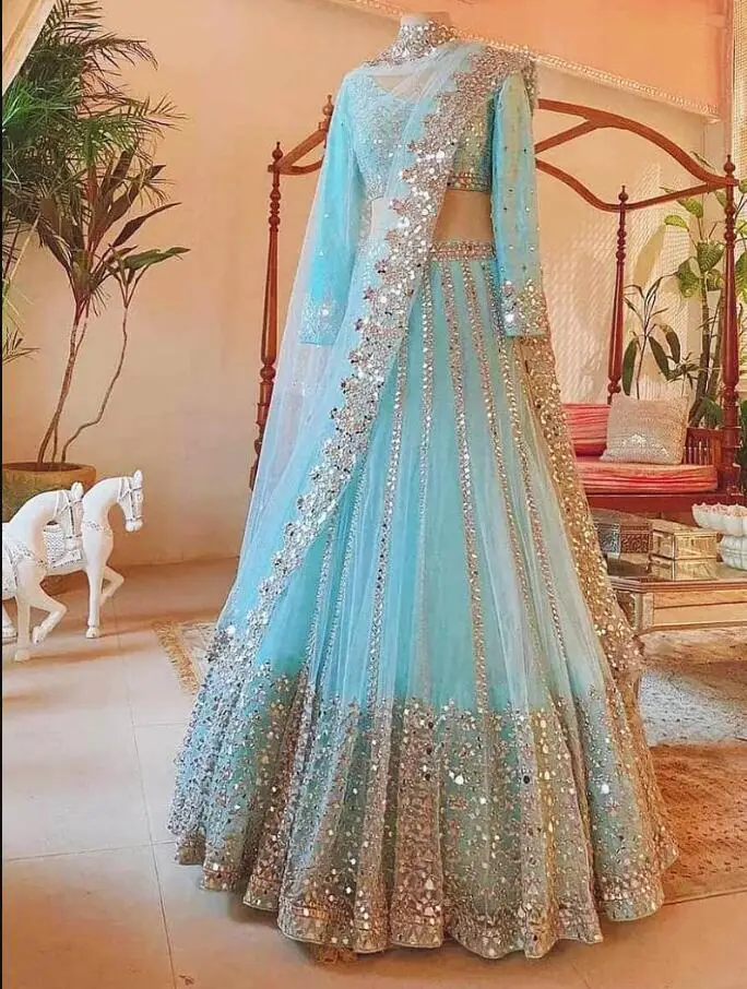 Sky Blue Lehenga Choli Evening Formal Dresses Wear Half Saree Long Sleeve Gillter Luxury Prom Occasion Gown Outfit customsized