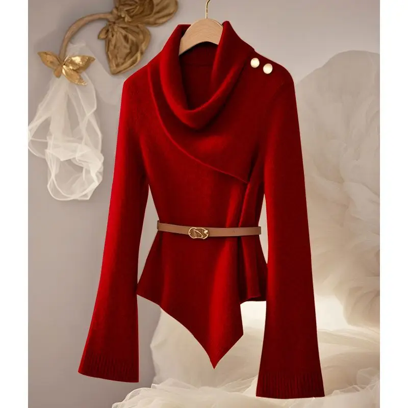 

Celebrity Waist Temperament High-end Knitted Sweater Chic Niche Autumn and Winter Meat-covered Turtleneck Knitted Sweater Women