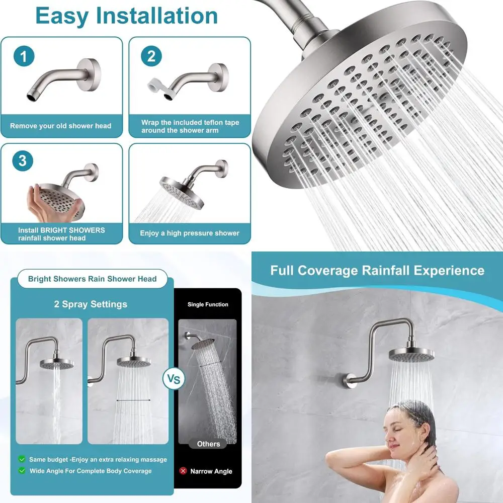 6 cabezales de ducha tipo lluvia de alto flujo con 2 modos de pulverización y ángulo ajustable, fácil instalación, acabado en níquel cepillado