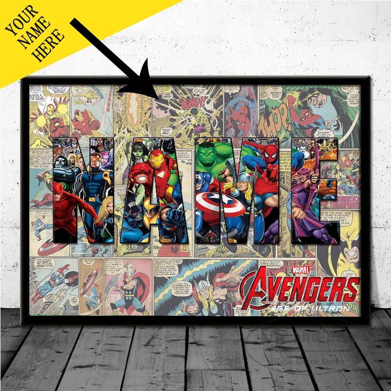 Póster de Lona de los Héroes de las Películas de Marvel, Spider-Man, Iron Man, Capitán América, Pintura Decorativa, Mural de Arte Personalizado con Nombre, Regalos Decorativos